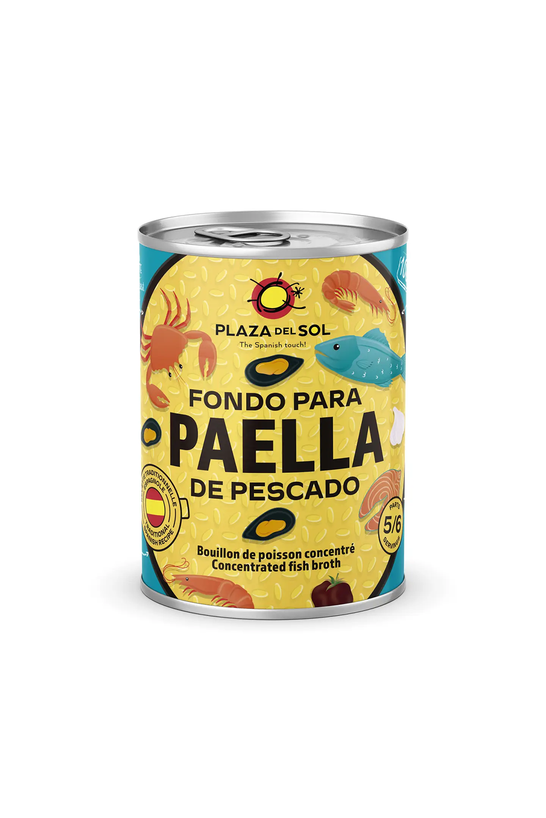 Plaza del Sol Fondo para Paella de Pescado – konzentrierter Fischfond in der Dose, ideal als Basis für authentische spanische Paella de Marisco und andere mediterrane Reisgerichte.