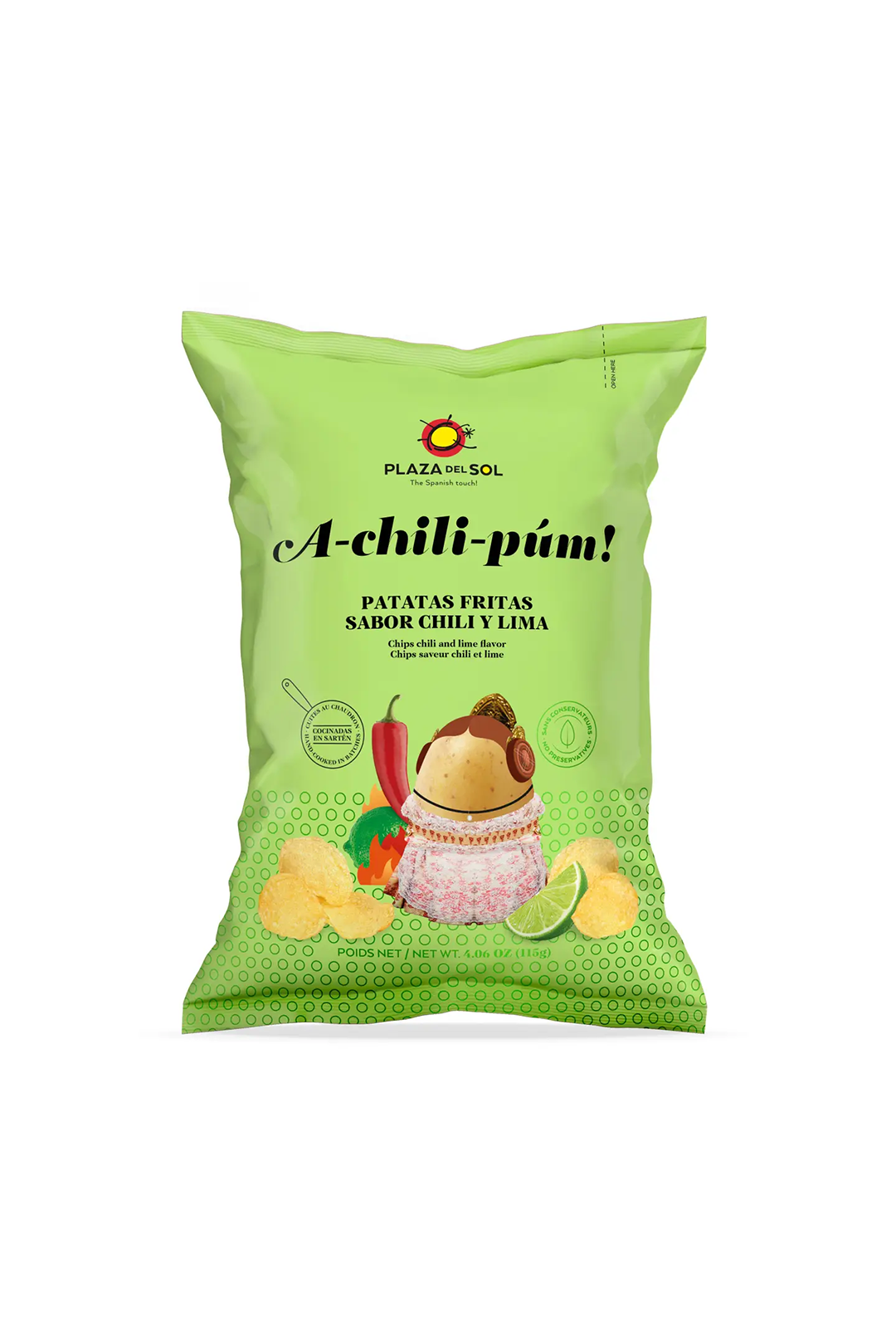 Plaza del Sol A-chili-púm! Chips 115g – knusprige Kartoffelchips mit intensivem Chili- und Limetten-Geschmack. Spanischer Snack, perfekt für Party, Filmabend oder unterwegs.